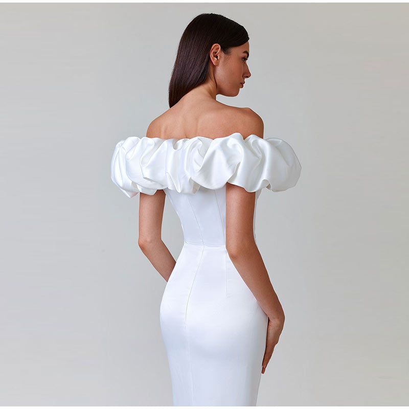 One-Shoulder Puff Sleeve Wrap Chest Slit Long Dress
