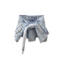 Slim Blue Patchwork Made Old Washed Fake Two-piece Denim High Waist Shorts
