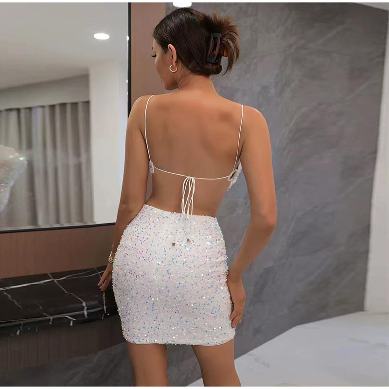 Bright Sequin Backless Slip Slim Hollow Out Party Dress