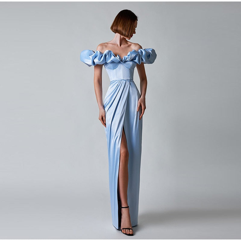 One-Shoulder Puff Sleeve Wrap Chest Slit Long Dress