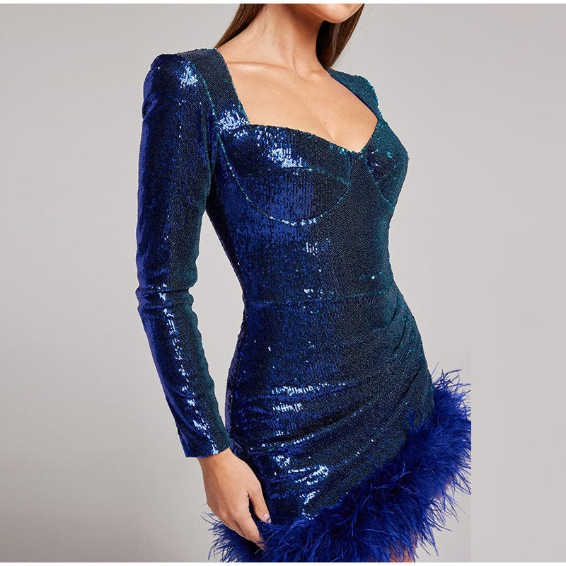 Sexy Sequined Feather Square Collar Bodycon Dress