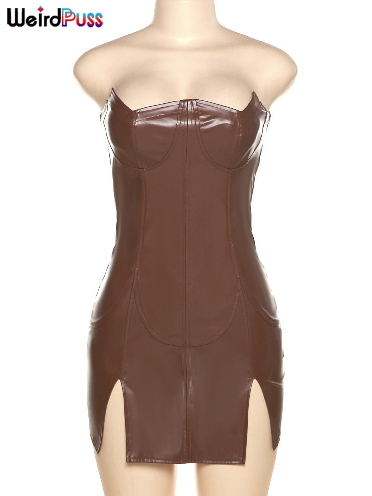 Weird Puss Women Sexy Backless Dress Split Faux Leather Trend Skinny Solid Coquette