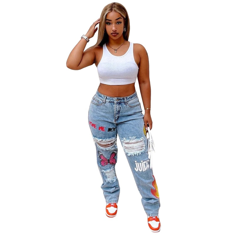 Fashion Heart Print Denim Cut Out Distressed Jeans for Women Baddie Clothes High Waist Baggy Pants