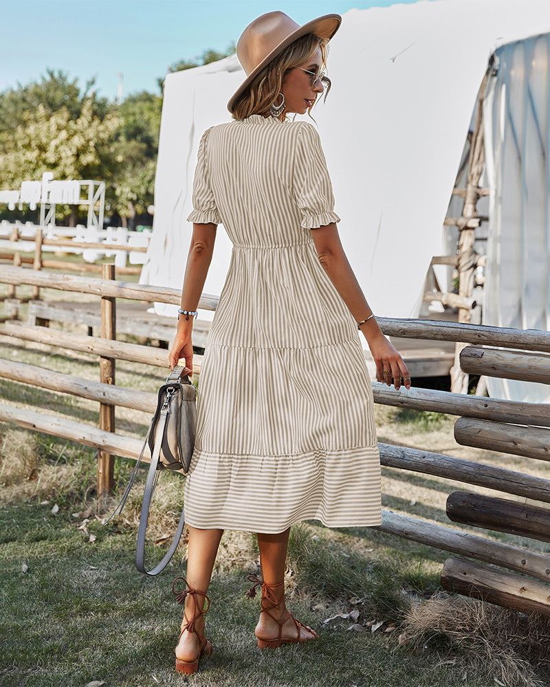 Elegant Striped Lantern Sleeve Summer Dress