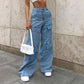 Women's High Waist Baggy Jeans Washed Flap Big Pocket Straight Wide Leg Denim Pants Streetwear