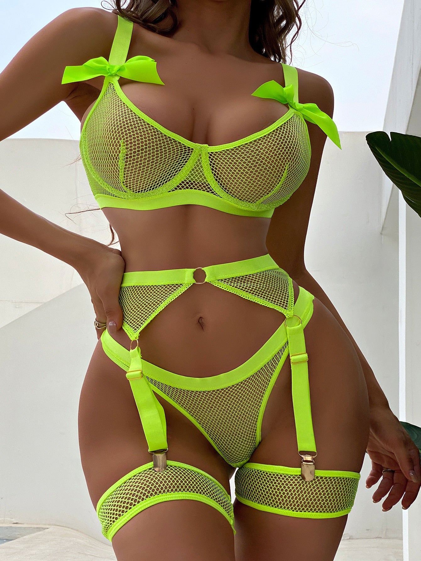 Ellolace Sexy Neon Lingerie with Socks Lace Bowknot