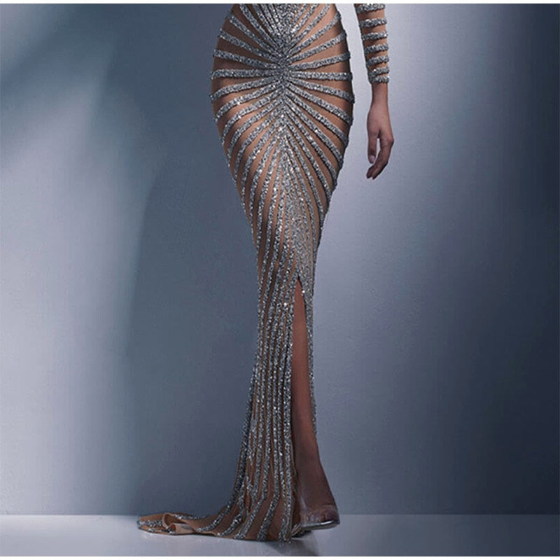 Mesh Sequins Split Fishtail V Neck Long Sleeve Maxi Dress