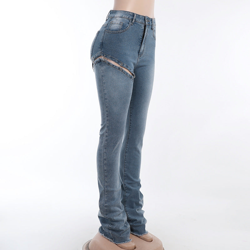 Women High Low Irregular High Waist One Leg Jeans Summer Streetwear Clubwear Pants