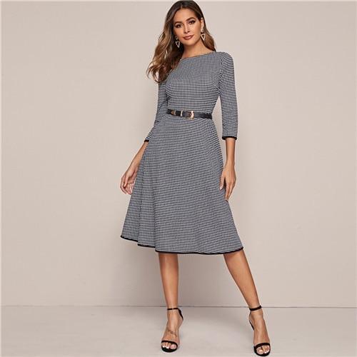 Black And White Houndstooth Elegant Dress Without Belt Women 2021 Spring 3/4 Length Sleeve Ladies A Line Midi Dresses