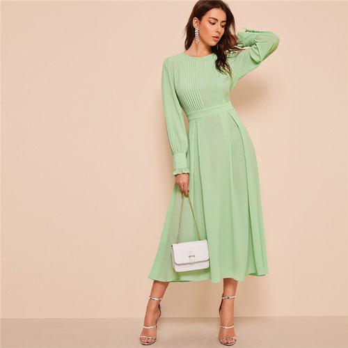 Frilled Cuff Pleated Panel Fit And Flare Maxi Dress