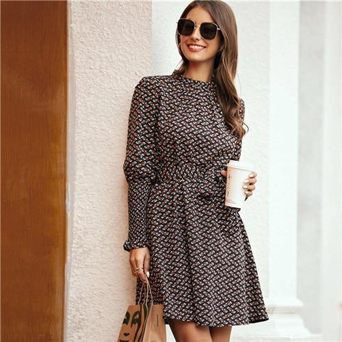 Stand Collar Ditsy Floral Print Elegant Dress With Belt Women 2021 Spring Flounce Sleeve Ladies A Line Short Frill Dresses