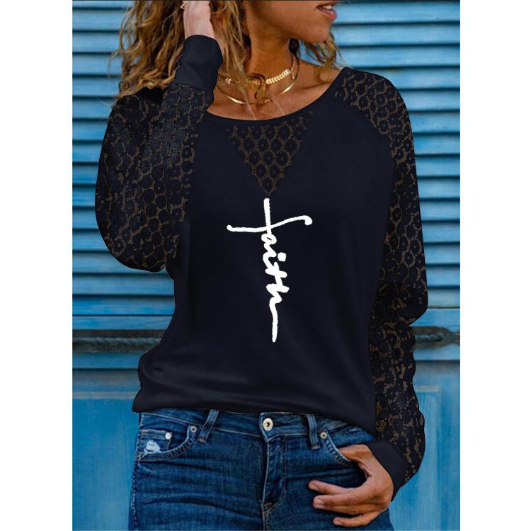 Lace Sleeve Long Letter Print T Shirts