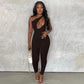 One Shoulder Cut Out Streetwear Solid Backless Jumpsuit