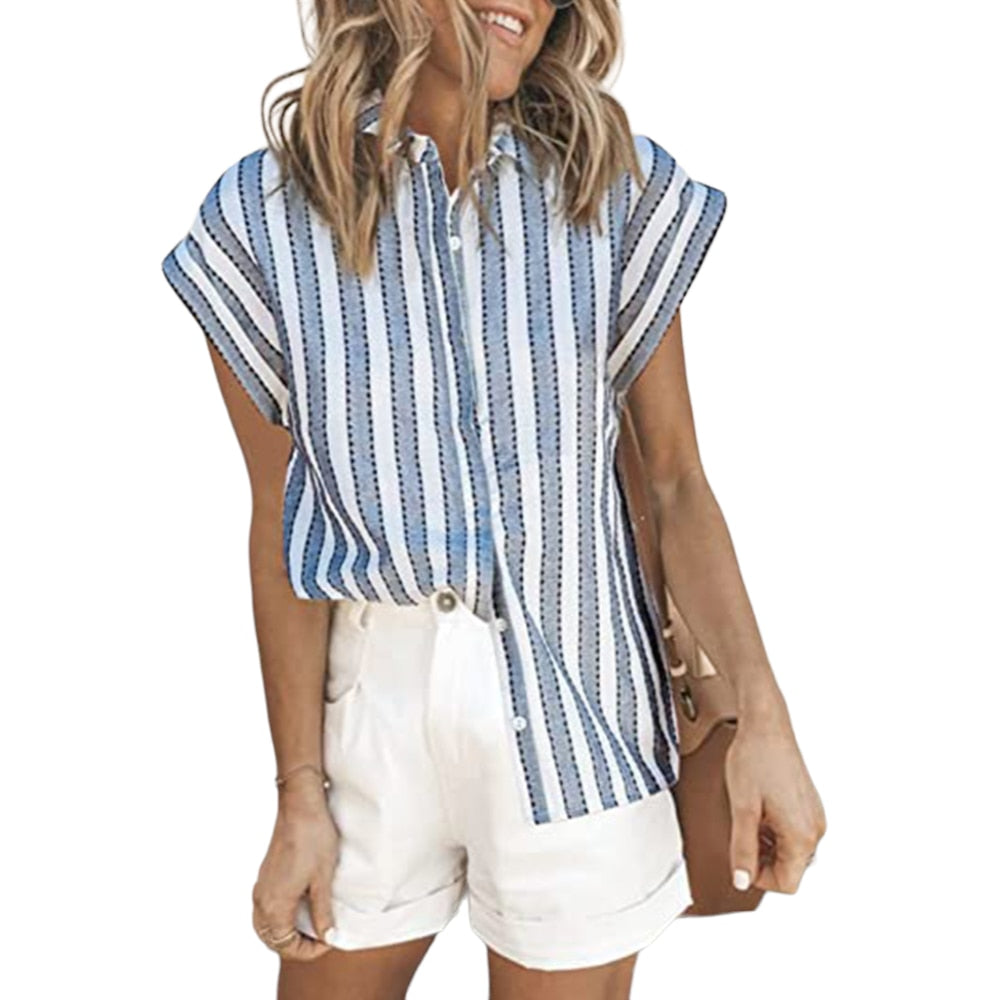 Elegant Striped T Shirt Tops Summer Blouse Ladies Holiday Beach Casual Loose Cardigan Daily Tee