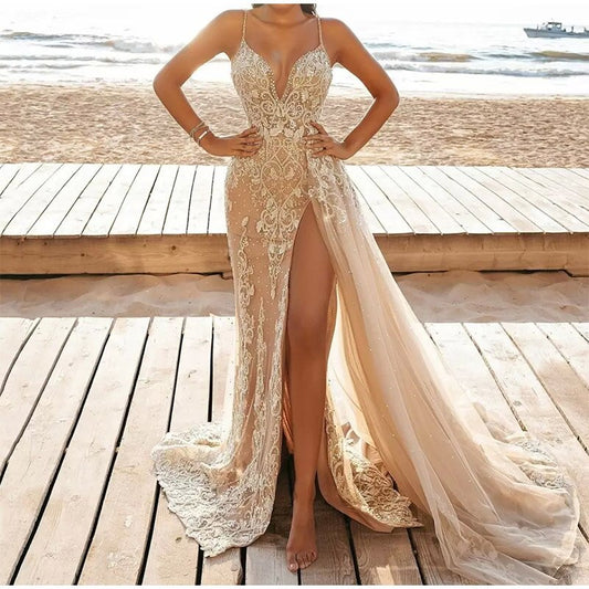 Sleeveless V-Neck Slit Lace Cutout Long Dress