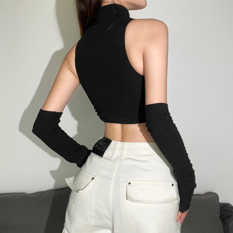 Women's Solid Color High Neck Sleeveless Crop Stitching Short Slim-fit Casual Vest