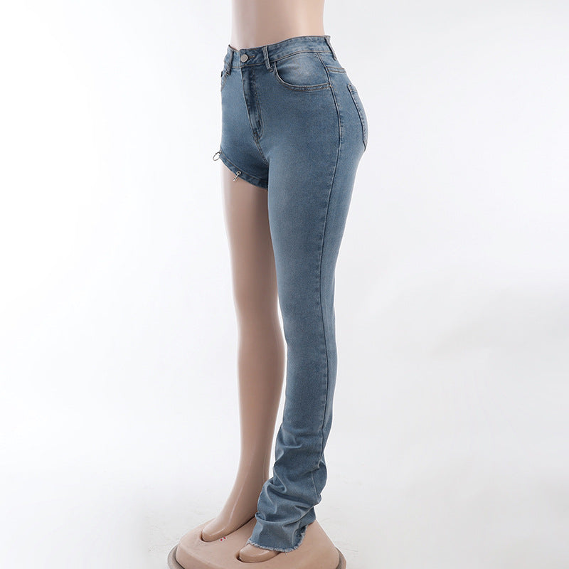 Women High Low Irregular High Waist One Leg Jeans Summer Streetwear Clubwear Pants