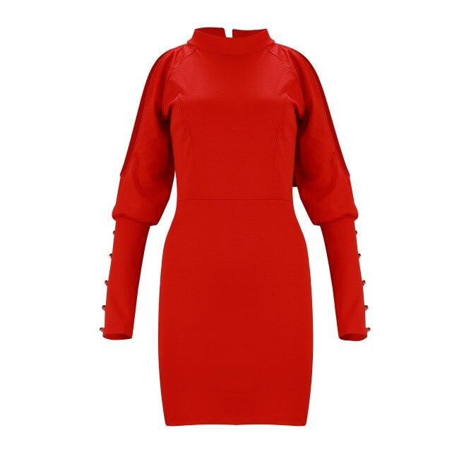 Sexy Dress Party Night Sexy Solid Color Red Off Shoulder Turtleneck Long Sleeve Button Hoolow Out Women Bodycon Dress