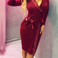 V Neck Bodycon Party Dress Women Solid Wine Red Long Sleeve Short Winter Dress