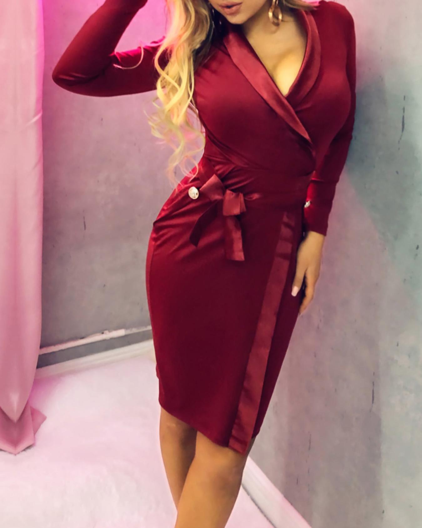 V Neck Bodycon Party Dress Women Solid Wine Red Long Sleeve Short Winter Dress