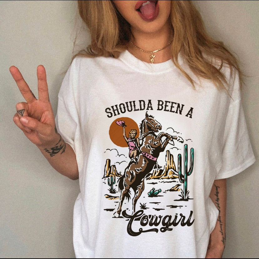 Women's T-shirt Western Cowboy Cartoon Letter Print Funny Cute Short