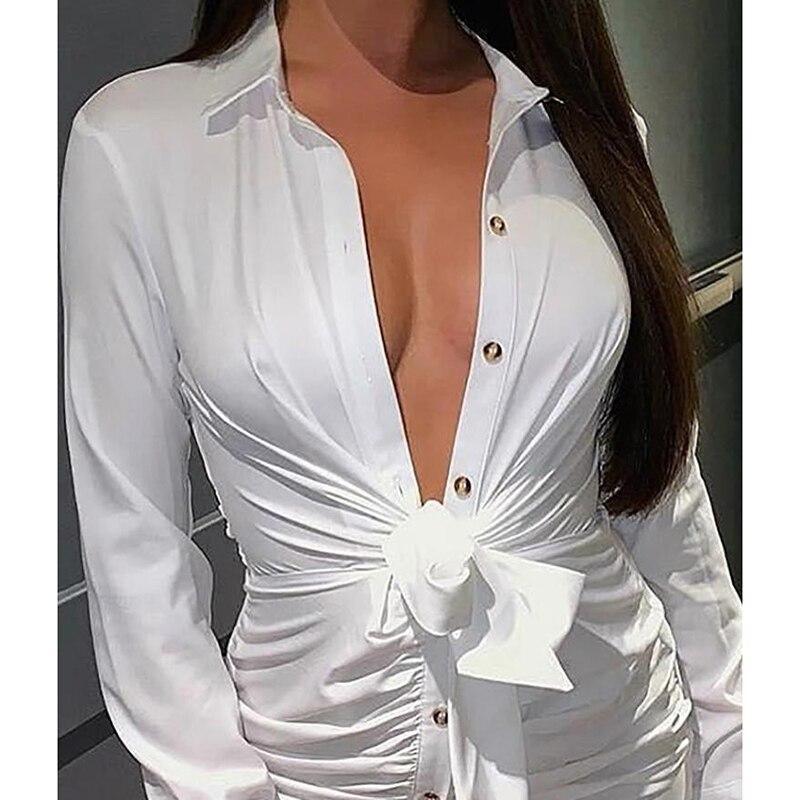 Single breasted shirt dress Women long sleeve white dress Sexy turn down collar wrap party dress ruched vestidos mujer