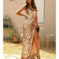 Sleeveless High Slit Long Dress Women  V Neck Spaghetti Strap Seuined Party Dress Elegant Robe Femme