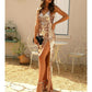 Sleeveless High Slit Long Dress Women  V Neck Spaghetti Strap Seuined Party Dress Elegant Robe Femme