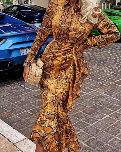 Snake Print Midi Fishtail Dress Women Ruffles Designed Long Sleeve Dress Winter 2019 Elegant Ol Party Dresses