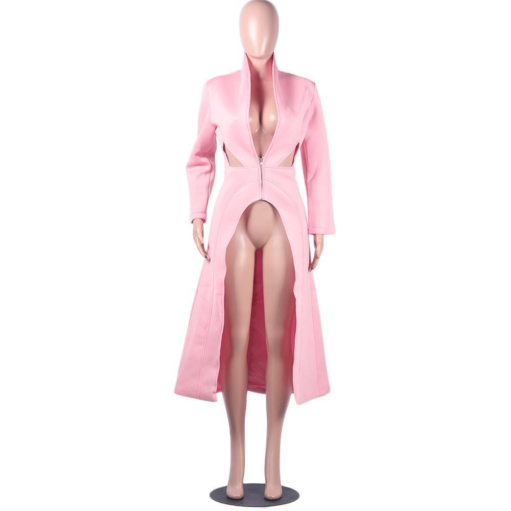 Solid Color Pink Long Sleeve Dress Women Holllow Out Waist Split  Midi Dress Elegant Ladies Workwear Office Robe Femme
