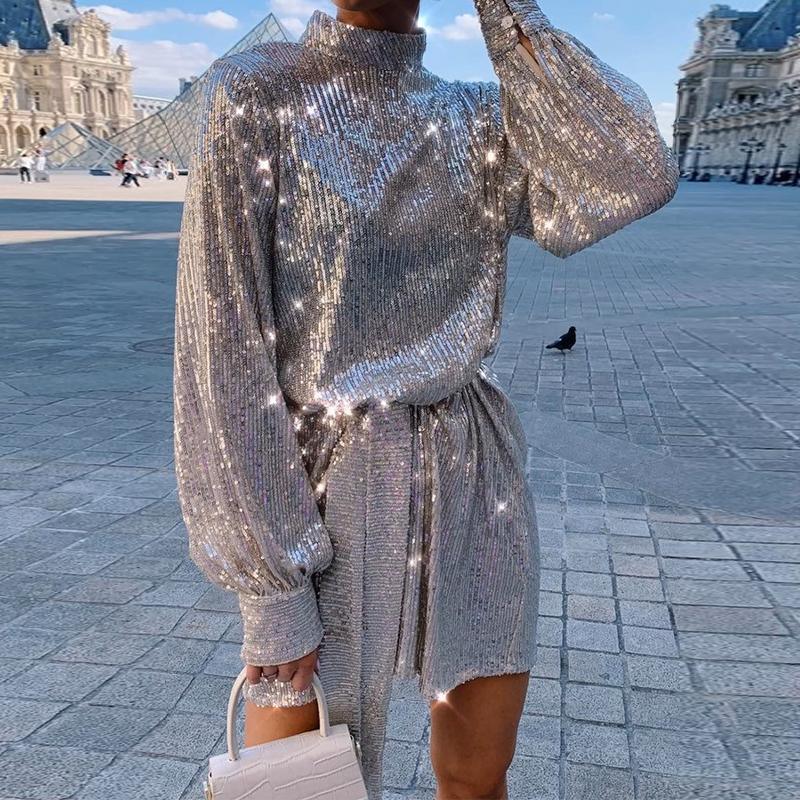 Solid Ong Sleeve Sequined Dress Women High Neck Casual Loose High Waist Sequins Dress Streetwear  Party Dresses