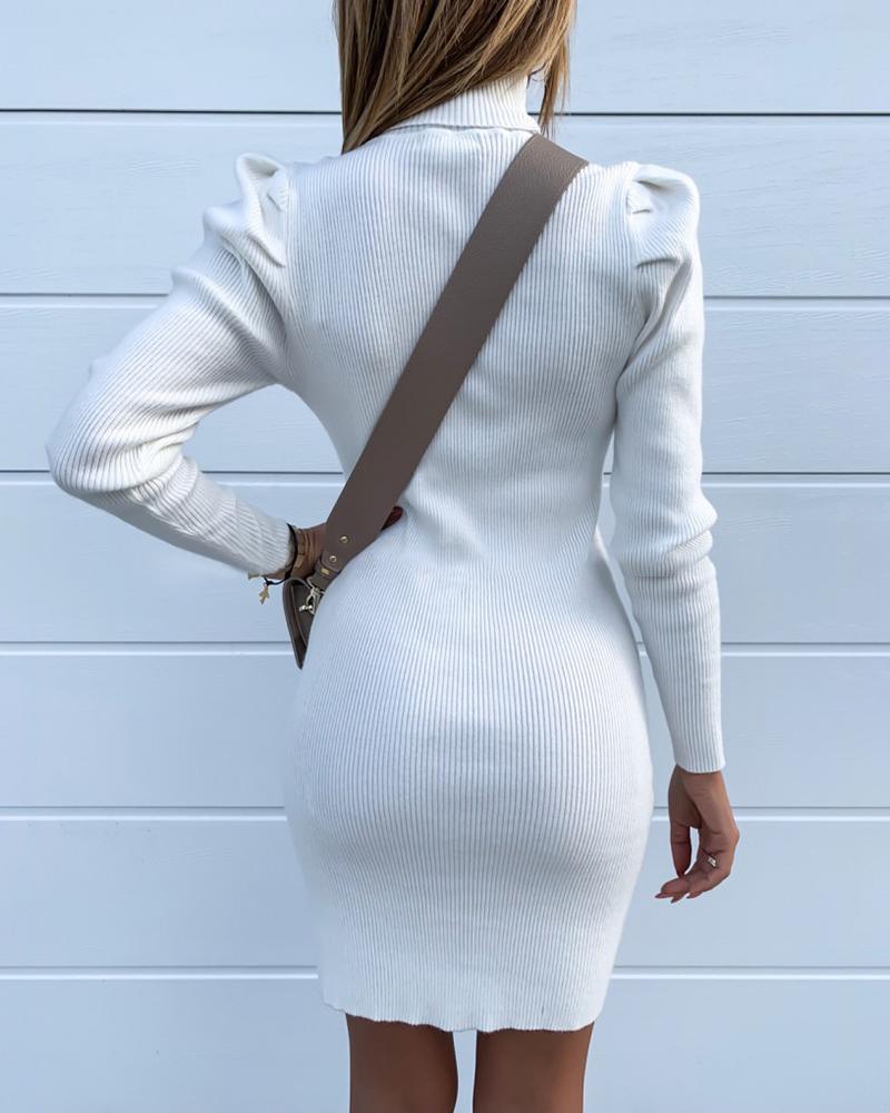 Solid Ribbed Puff Sleeve Bodycon Dress women white mini pencil dress