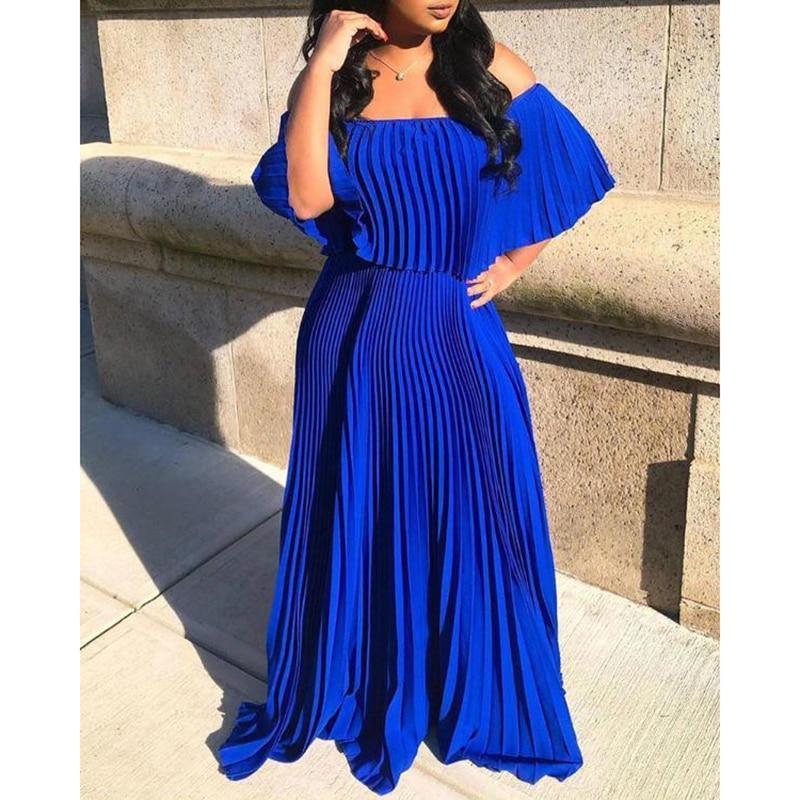 Solid Ruffles Off Shoulder Pleated Dress