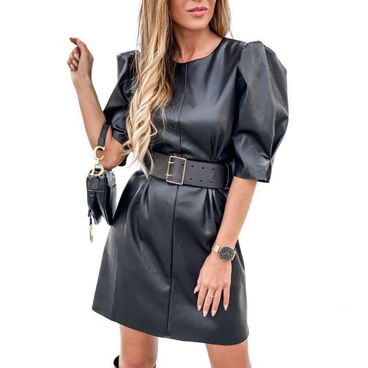 FashionSierra - Solid black pu leather dress women belted short puff sleeve o neck leather dress Casual loose summer dresses steetwear