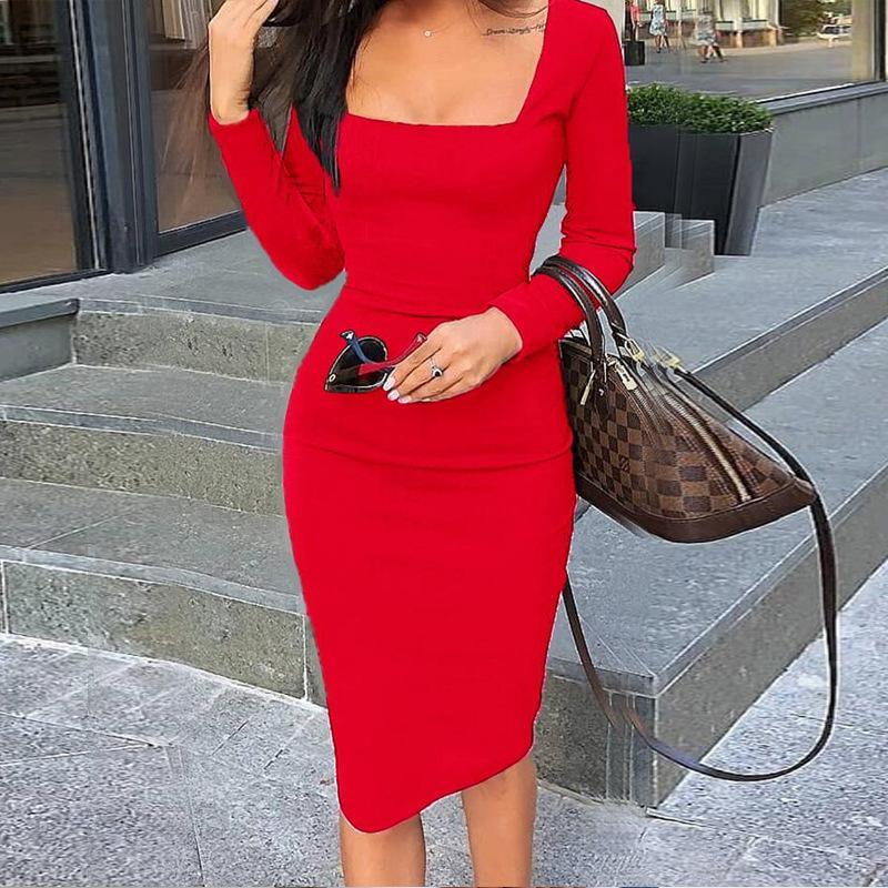 Solid color square collar long sleeve bodycon dress
