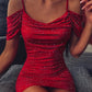 Spaghetti Strap Glitter Cami Dress Women Off the Shoulde Red Party Dress Summer Sexy Shining Ruched Party Dresses Vestidos