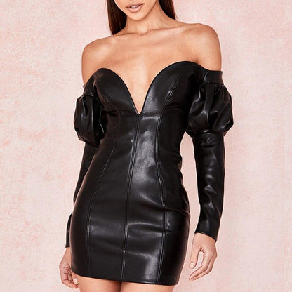 Strapless Pu Leather Dress Women Off Shoulder Long Sleeve Dresses Sexy Club Party Dress Short Black Bodycon Leather vestidos