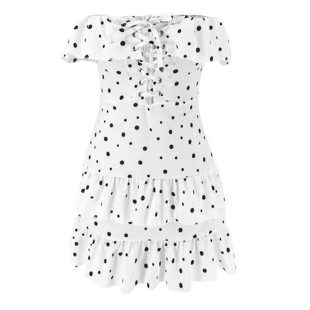 Summer Dress Sexy Polka Dot Off Shoulder Ruffled White Sleeveless Hollow Out Bandage Women Dress  Mini Dress