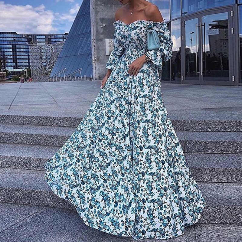 2023 Summer Floral Print Sexy Boat Neck Prom Dresses
