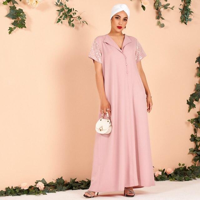 Summer Ladies Fashion Lapel Sequin Stitching Loose and Elegant Thin Arabian Powder Dress Long Women Dress (without Headscarf)