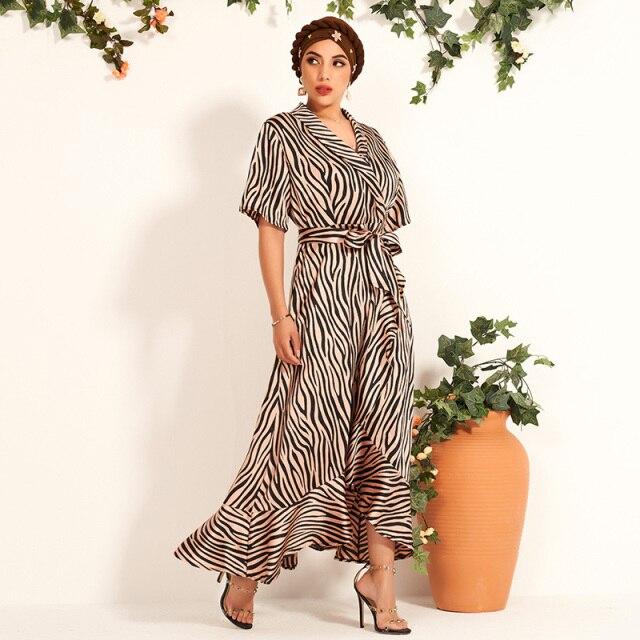 Women's Sexy V-neck Zebra Striped Short-sleeved Elegant Ruffled Long Arab Dress (without Headscarf)
