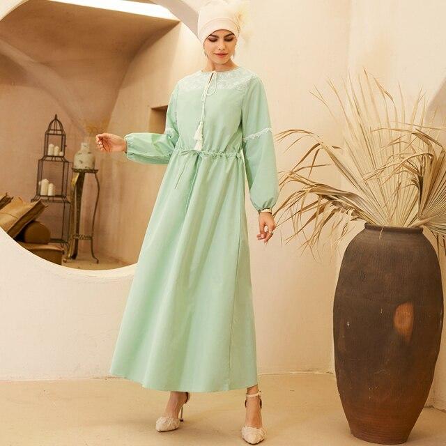 Lace Stitching Mint Green Long-sleeved Ethnic Wind Waist Drawstring Long Sweet Dress (without Headscarf