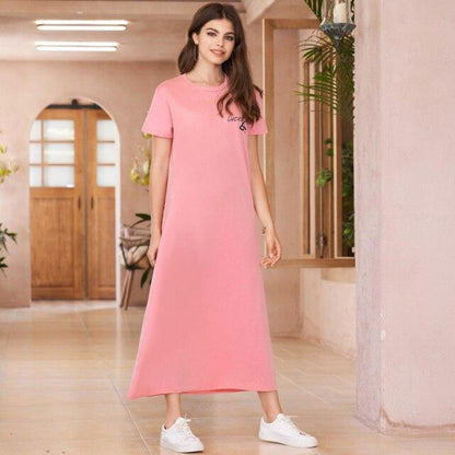 Summer New Women's Fashion College Style Solid Pink Color Casual Loose All-match Long Dresses