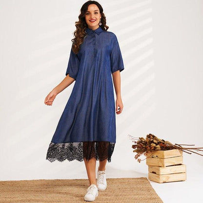Loose Age Reduction Polo Collar Short-sleeved Lace Stitching All-match Thin Mid-length Dress