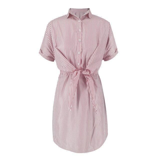 Summer Streetwear Casual Women Blue Pink Striped Turndown Collar Lace Up Women  Dress Summer Shirt Dress Short Sleeve Dress