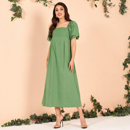Summer Sweet Square Collar High Waist Slim Pure Green Princess Sleeve Fashionable Pure Cotton Comfortable Long Woman Dress