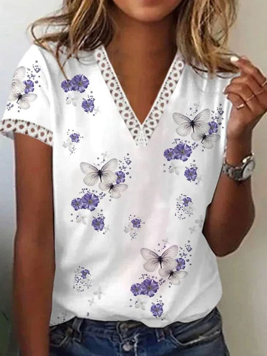 Flower Print Casual Loose Short Sleeves T-Shirts