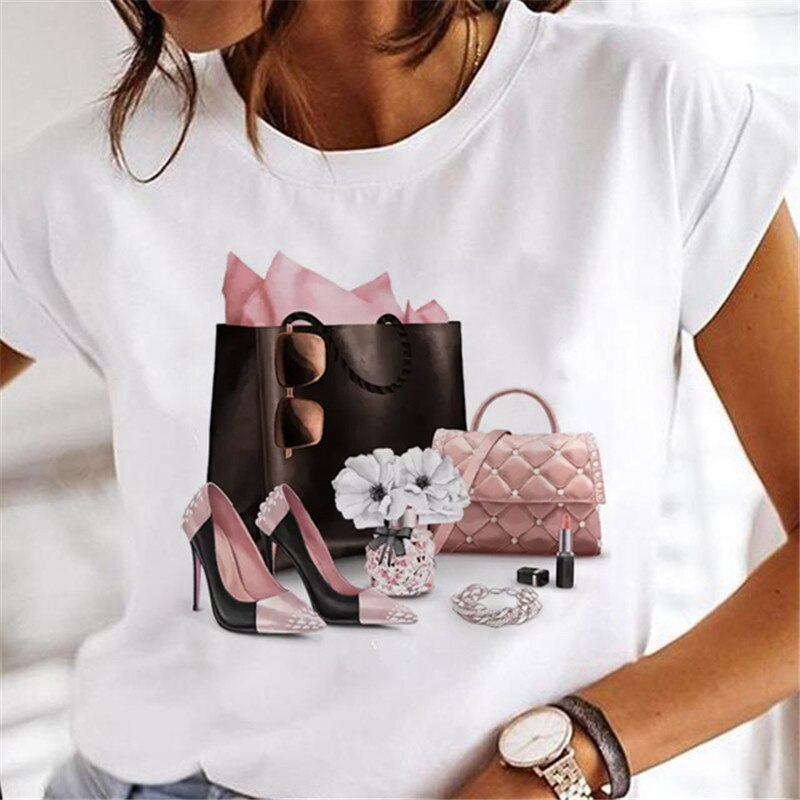 T-shirts Women Sweet Wine Print Girl 90s Cartoon Printing Clothes
