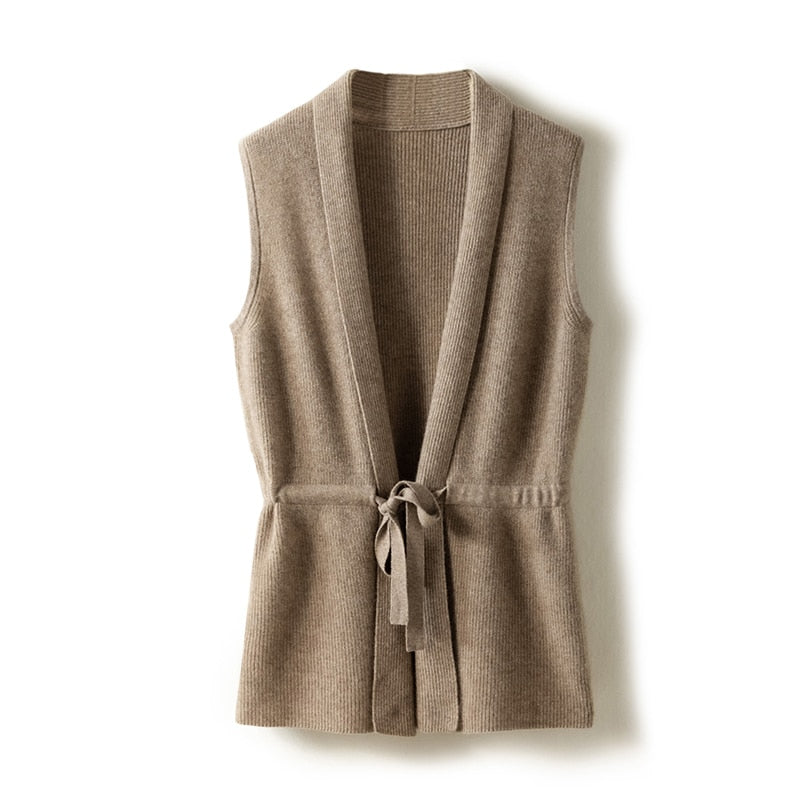Temperament 100% Merino Wool V-Neck Tie Vest Vest Women's Short Knit Cardigan