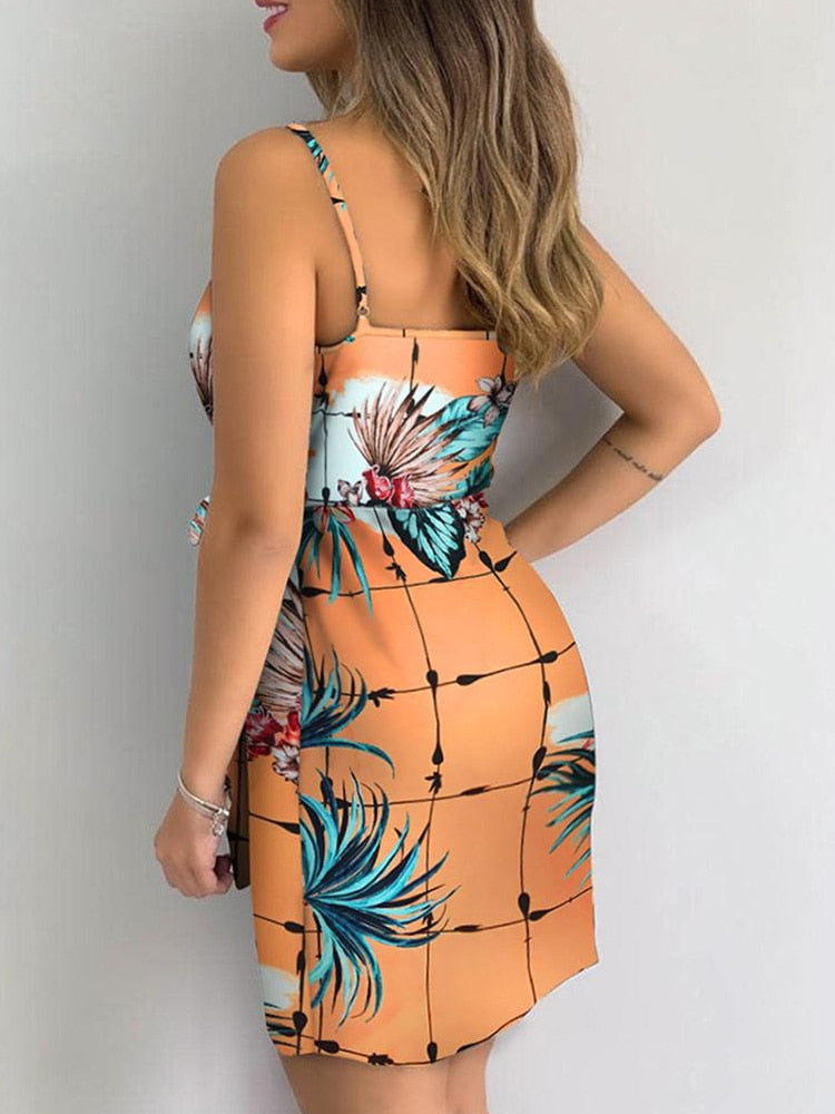 Tropical Print V-Neck Wrap Casual Holiday Dress